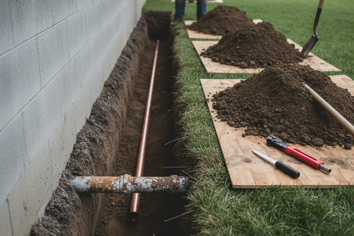 Excavated water line trench during Water Softener Installation in Georgiana